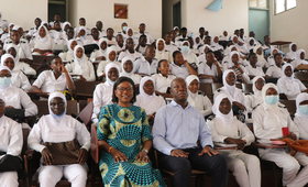 UNFPA Country Representative Ms. Ndeye Rose Sarr joins students for a group photo after the conversation